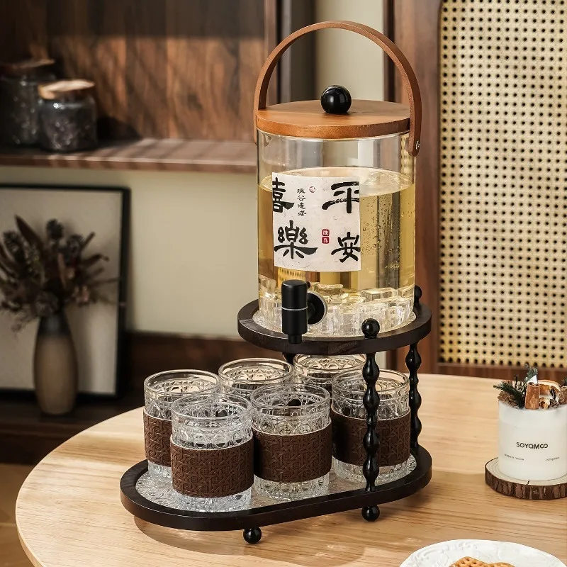 High-value juice bucket, high borosilicate glass cold water bottle, faucet woven rattan glass cup set, new Chinese style cold