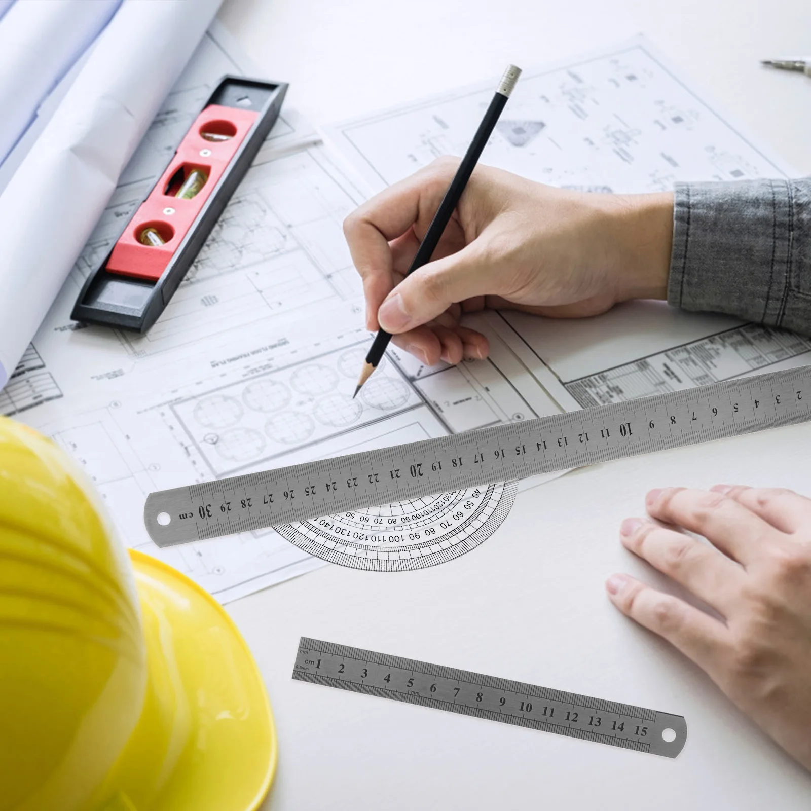 

2pcs Double-Sided Scale Ruler Stainless Steel Straight Edge For Drafting Architecture Engineering Students Drawing Supplies