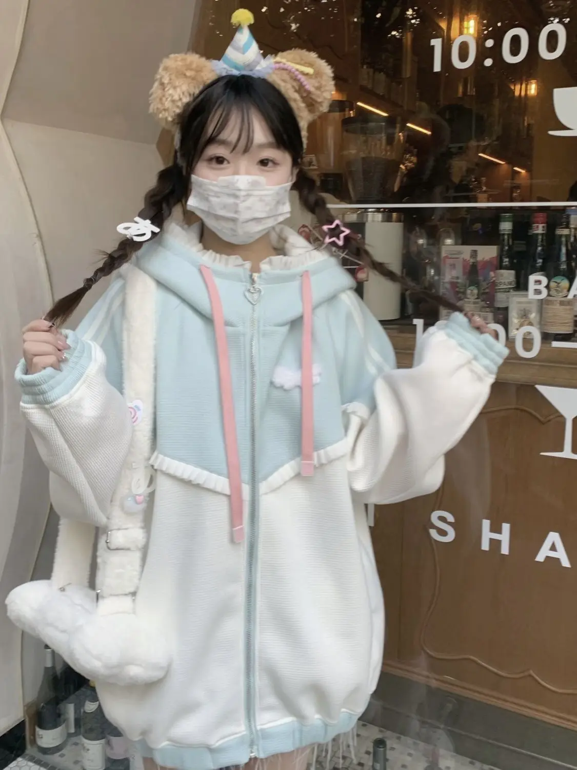 Japanese Kawaii Hoodies Women Casual Cartoon Cat Ears Coat Cute Sweatshirts Women Y2K Aesthetic Patchwork Pocket ​Streetwear view 6