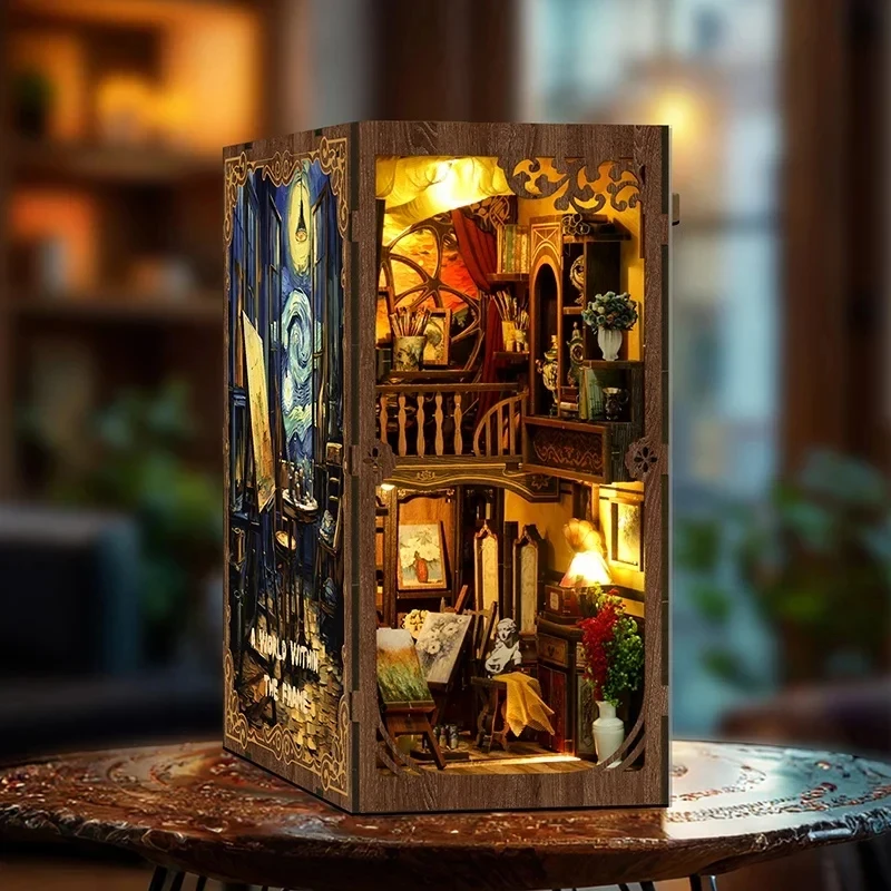 Miniature Wooden Book Nook Kit with Light DIY Bookshelf Insert Model Building Set for Book Lover Friends Christmas Gifts
