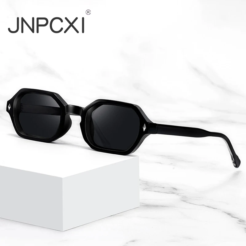 JNPCXI New Retro Small Polygon Rectangle Sunglasses Women Shades UV400 Fashion Blue Gradient Lens Men Retro Rivets Frame