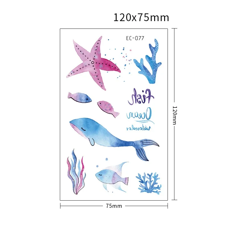 Watercolor Designs Ocean Temporary Tattoo Stickers Cartoon Underwater World Tropical Fish Whales and Sea Turtles Ocean-Themed