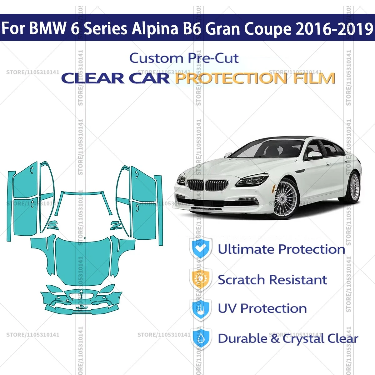 

Для BMW 6 серии Alpina B6 Gran Coupe 2016-2019: Предварительно вырезанная прозрачная защитная пленка PPF для автомобиля