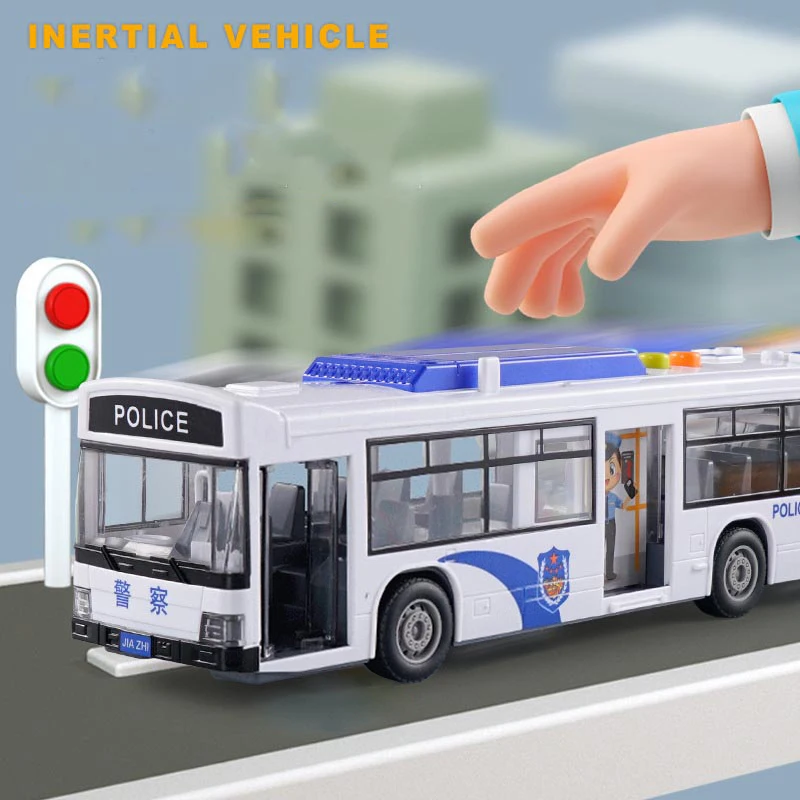 Simulation Police Car Model Pull-back Vehicle Police Bus with Lights Music Large City Bus Inertial Cars Toys for Kids Boys Gift