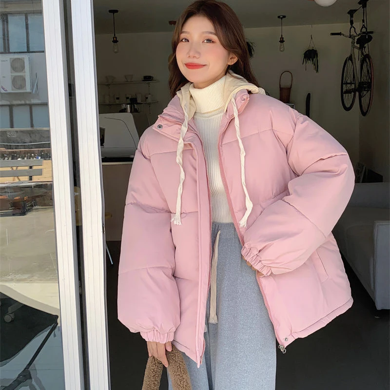 Harajuku Loose Puffer Bread Coat Women Korean Sweet Zipper Hooded Parkas Woman Winter Thicken Warm Cotton-Padded Jacket Female