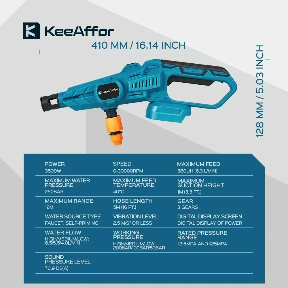 KEEAFFOR 3500 W 250 Bar bürstenlose Autowaschpistole Hochdruck 6-in-1 wiederaufladbare kabellose Autowaschpistole für Makita 18 V Akku