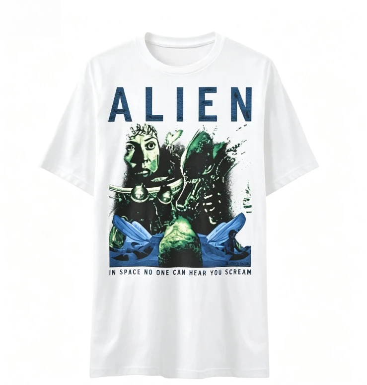 2026 Round-neck retro sci-fi creature human character poster pattern letters suitable for both men women short-sleeved T-shirt