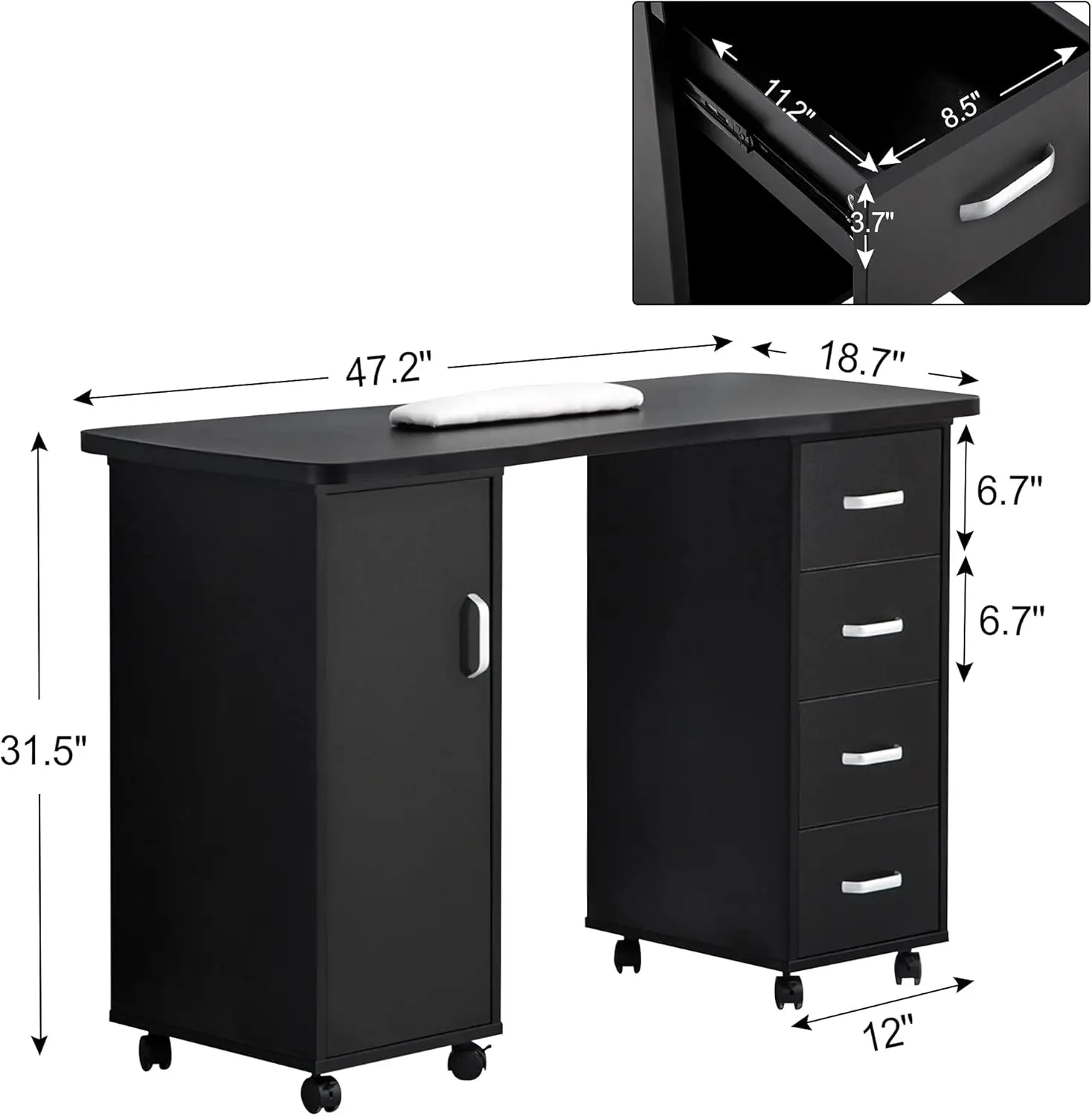 Manicure Table, Acetone Resistant Nail Desk, Nail Table with 4 Drawers, 2 Cabinet, Lockable Wheels, Wrist Pad, Nail