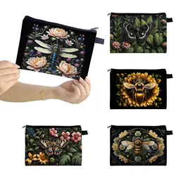 Cute Bee Dragonfly Pattern Cosmetic Bag Moth and Flower Lipstick Holder Butterfly Storage Pouch Travel Makeup Organizer