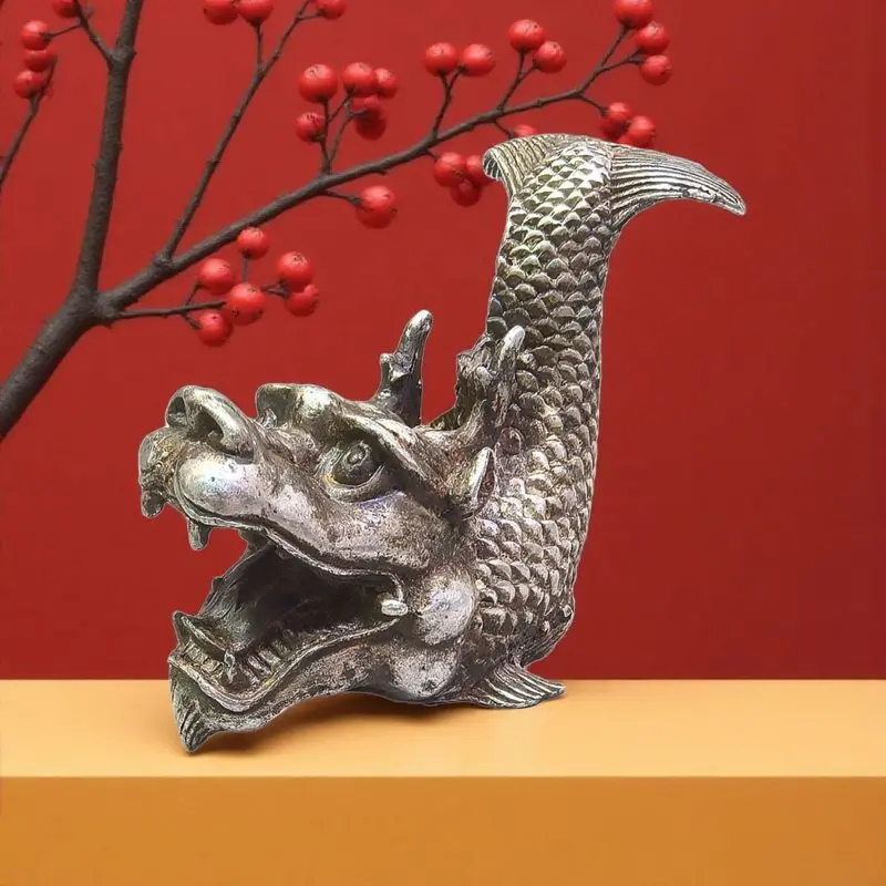 Antique-style craft: copper dragon head fish, creative desktop decoration and prop