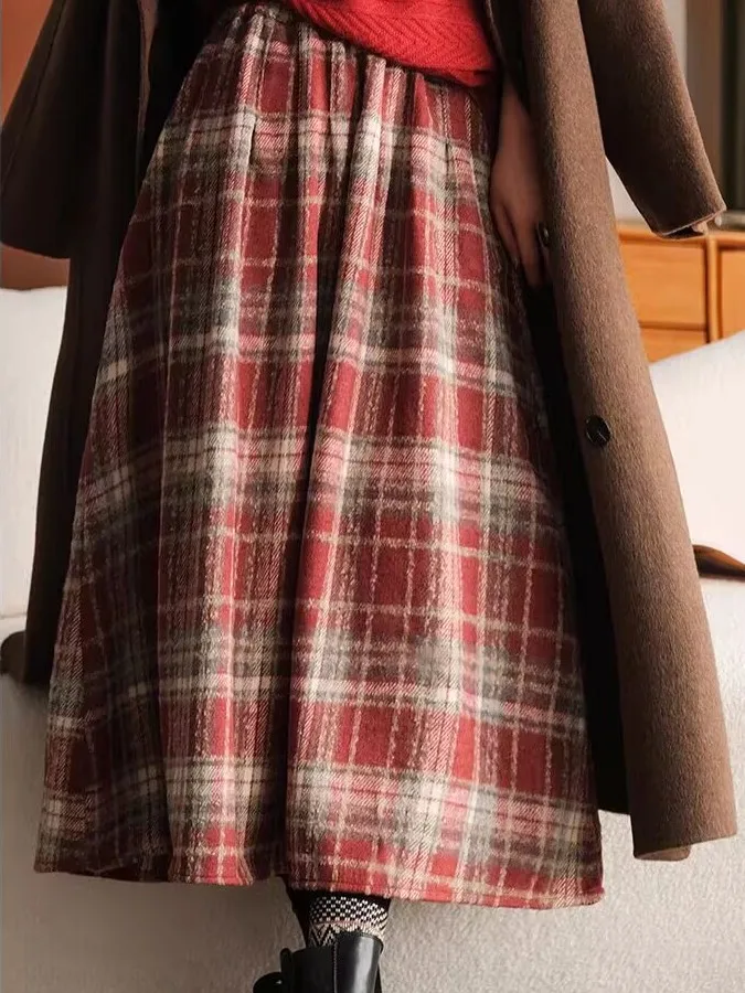 

Thickened Woolen Plaid Elastic Waist Half Skirt 2025 New Fashion plus Size Women's Skirt Commute High Waist A-Line Midi Skirt