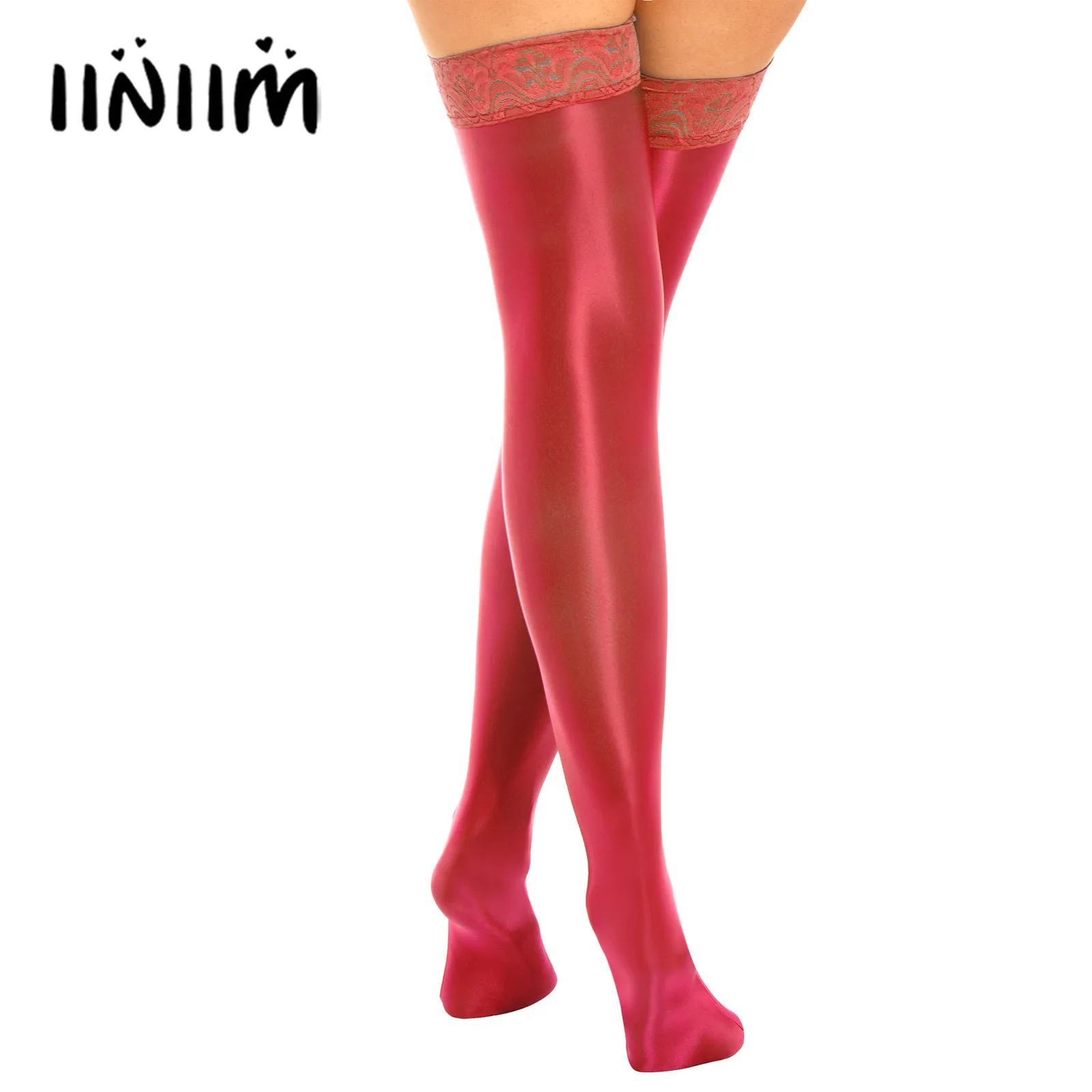 Calze lisce lucide da donna tinta unita antiscivolo in Silicone con rifiniture in pizzo calze alte alla coscia accessori per costumi da Club per