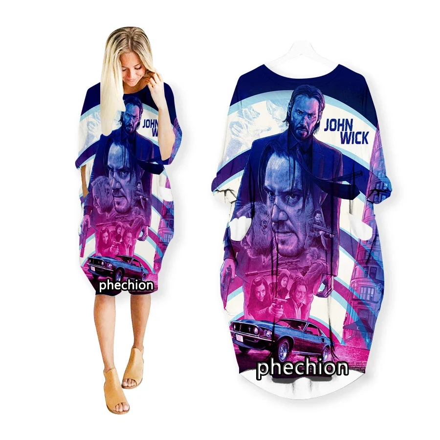 

phechion New Movie John Wick 3D Print Fashion Dresses Casual Mid-length Dress Women Clothing Pocket Long Sleeve Tops R52