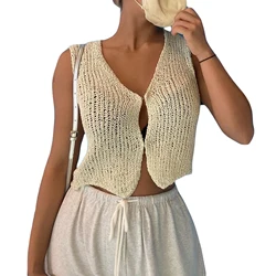 Women's  Y2K Aesthetic Knitted Vest Sleeveless V-Neck Solid Color Button Cardigan Spring Summer Party Casual Top