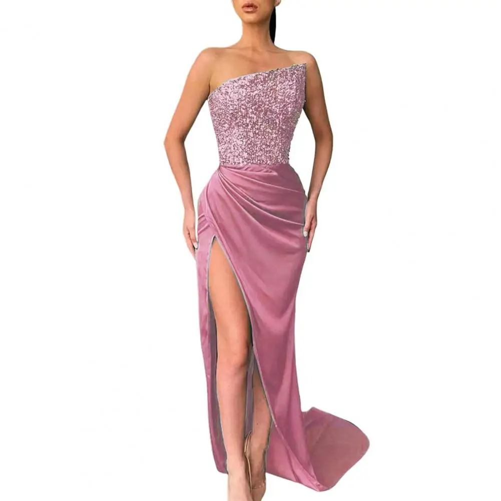 

Dress Shiny Sequin Slant Bandeau Collarless Off Shoulder High Split Hem Slim Fit Floor Length Ball Gown Party Wedding Dress