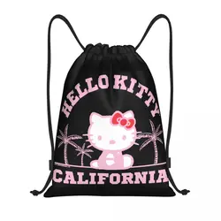 Custom Hello Kitty California Palm Trees Drawstring Backpack Women Men Sport Gym Sackpack Portable Training Bag Sack