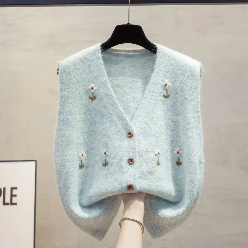 Women Retro V Neck Floral Embroidery Knit Vest, Loose Slimming Sleeveless Sweater Waistcoat Layering Outerwear