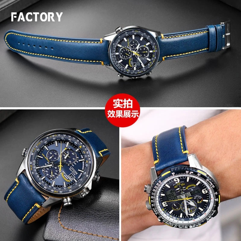 Genuine Leather Watch Strap for Citizen Blue Angel At8020 Air Eagle Second Generation Jy8078  8035 8085 Blue Watch Band 23mm