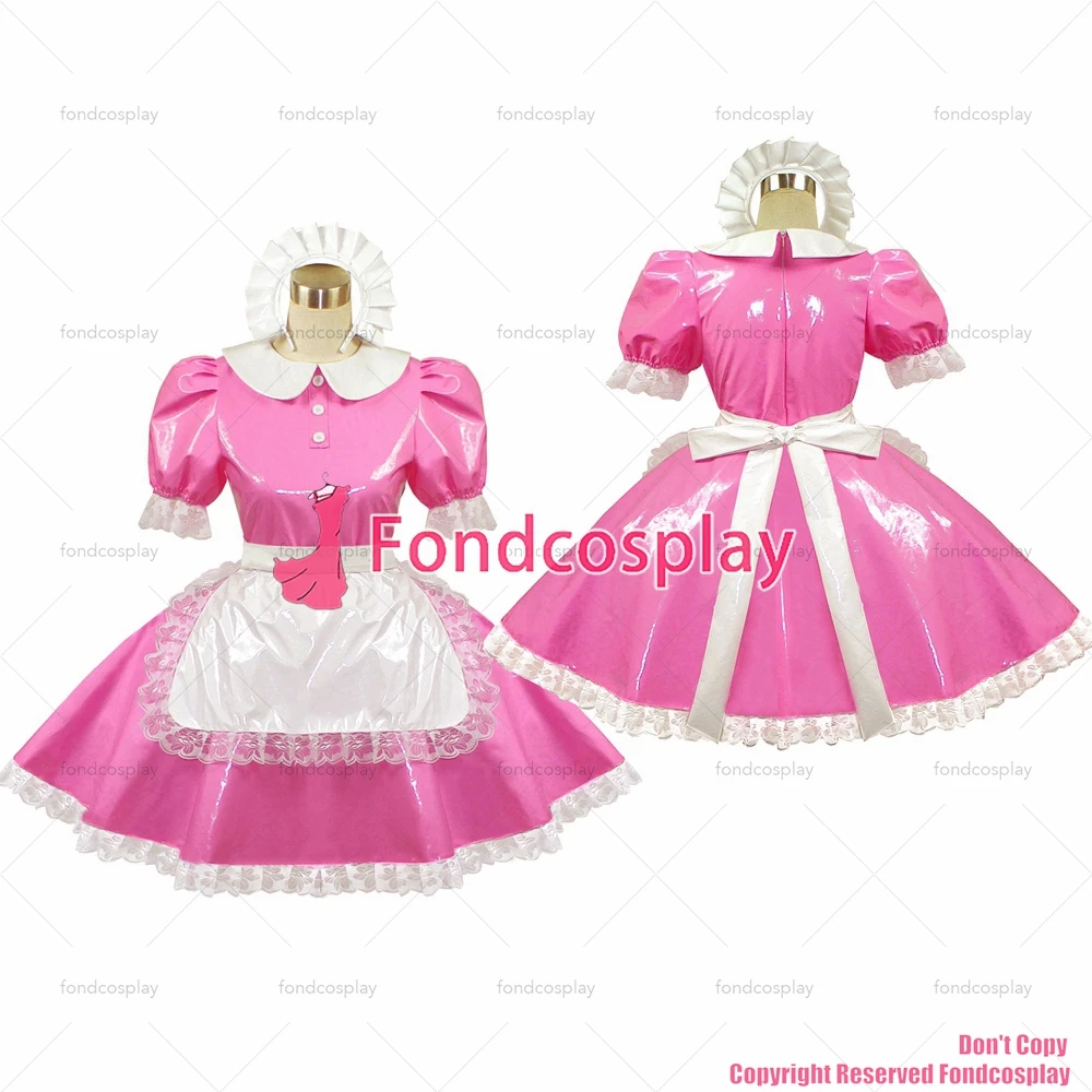 fondcosplay adult cross dressing sissy maid pink thin Pvc Dress Pink Lockable white apron Peter Pan collar CD/TV[G415]