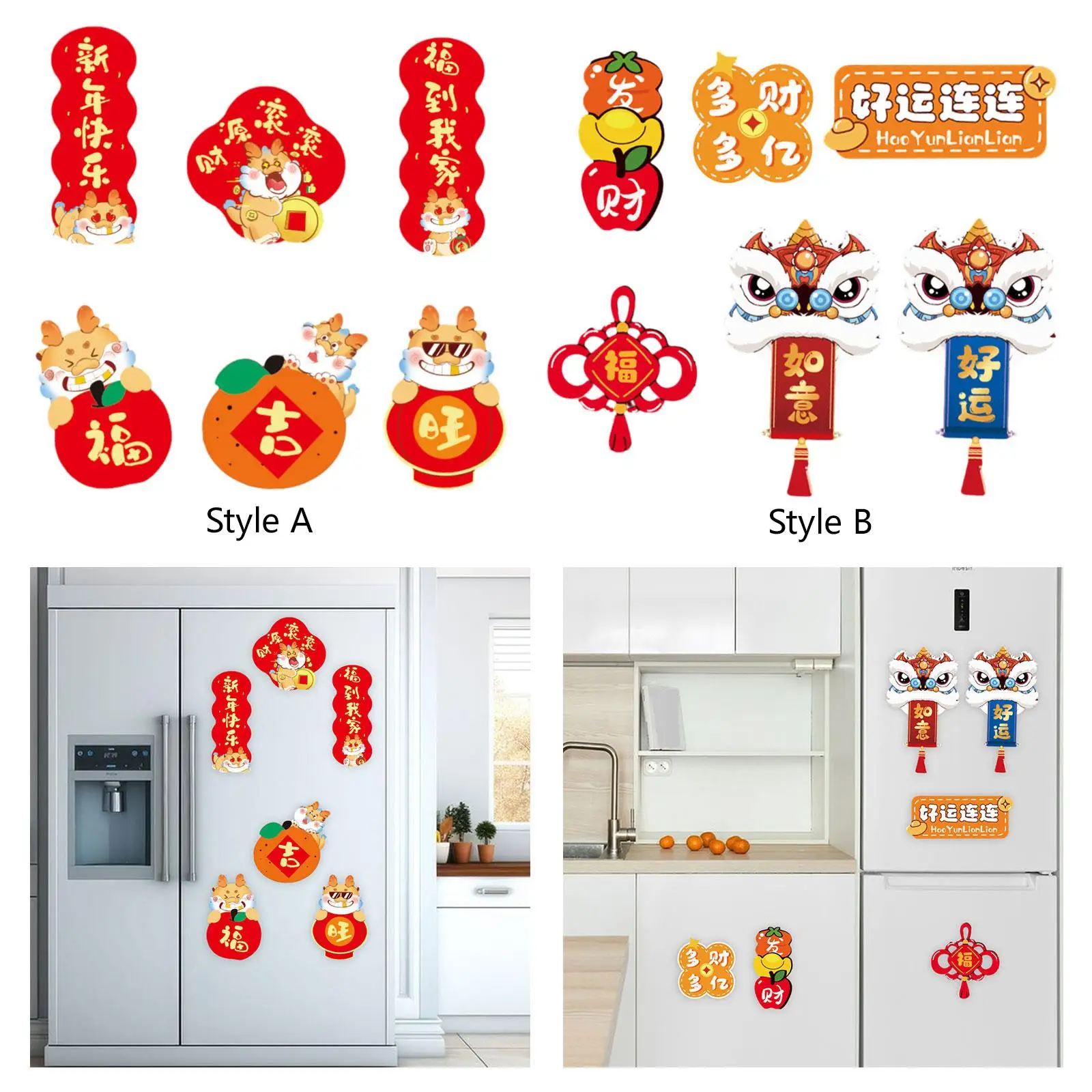6Pcs Chinese New Year Refrigerator Magnets Decals 3D Refrigerator Stickers for Spring Festival Cabinet Kitchen Door Holiday