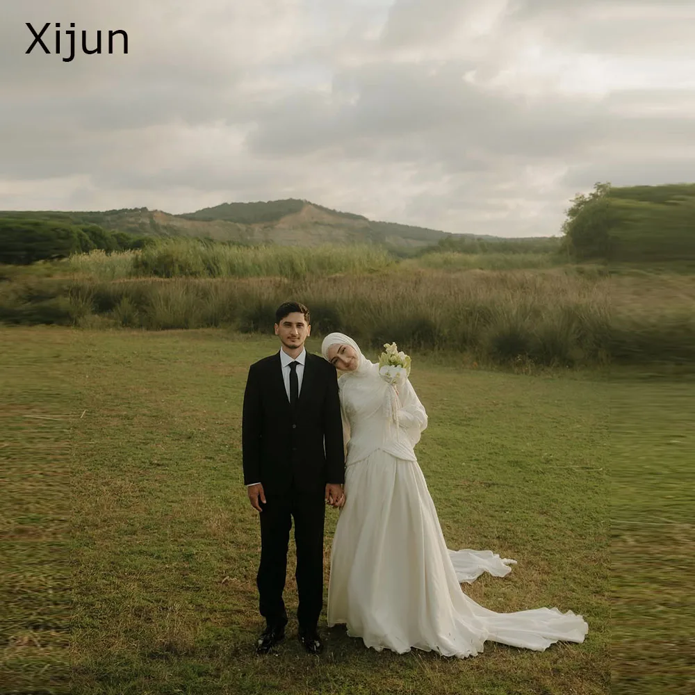 Xijun Modest Ivory Chiffon Evening Dresses Full Sleeves Pleated Long Wedding Gowns A-Line Formal Muslim Prom Dresses Customized