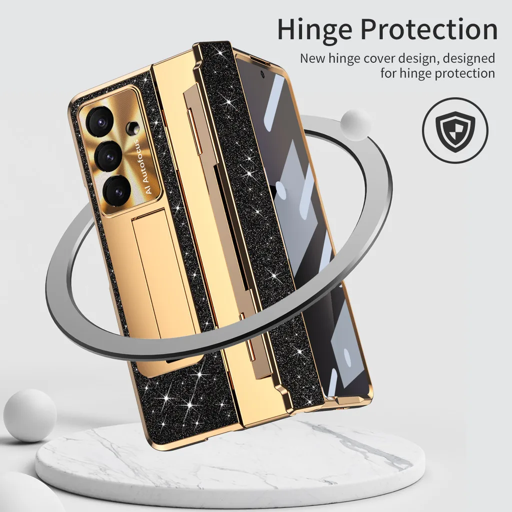 

Flip Leather PC Integrated Phone Case For Samsung Galaxy Z Fold 7 6 5 4 3 Fold7 5G Glitter Series With Holder Protective Case