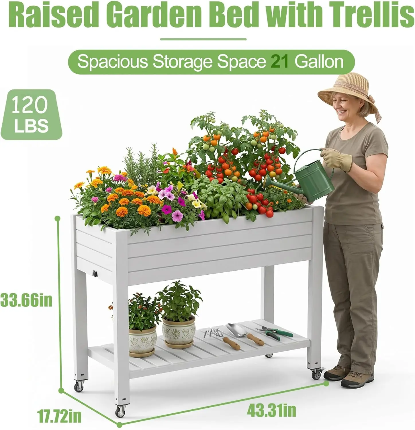 Raised Garden Beds Outdoor, with Wheels & Extra Storage Shelf, Water Level Monitoring, Elevated Garden Bed, 21 Gallon Planter Raised Beds for Vegetables, Fruits, Backyard, Patio, Balcony (White)