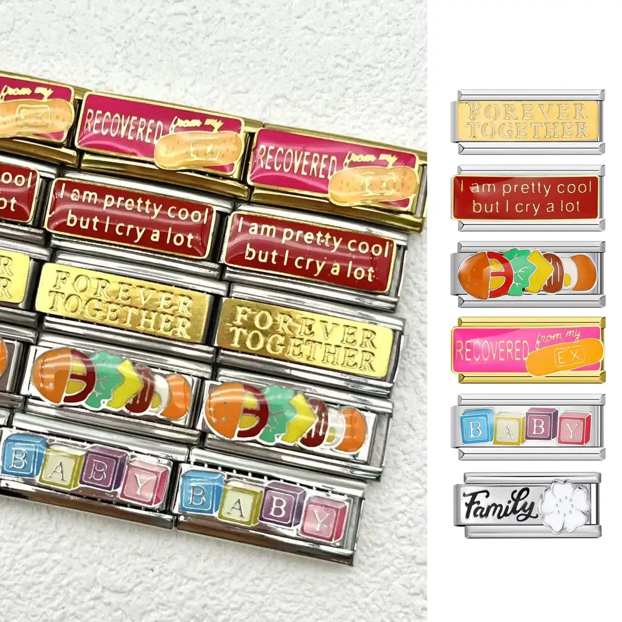 Nueva pulsera personalizada DIY italiana con dijes, hamburguesa, familia de bebés, palabras en inglés recuperadas, pulsera de acero inoxidable, regalo de joyería