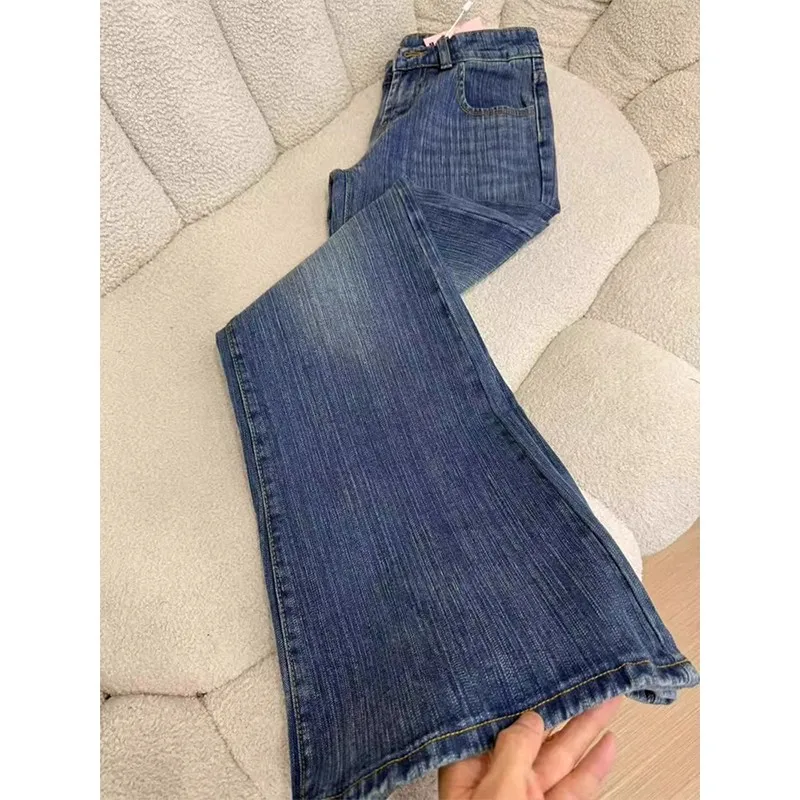 Y2K Deep Blue Bamboo Striped Jeans Women Retro Micro Flared Non Stick Leg Low Waist Loose Flared Pants