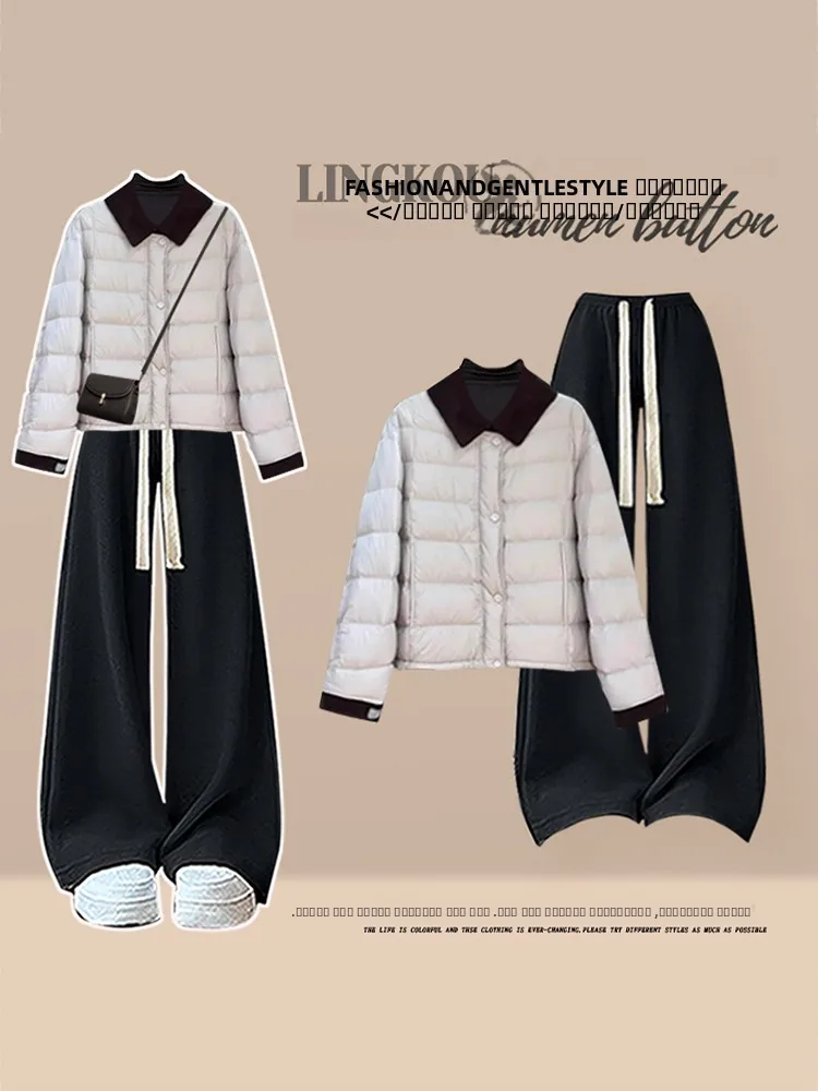 

Женский комплект из трех предметов: хлопковая базовая футболка, брюки с высокой талией для коррекции фигуры и повседневные брюки. Модный ансамбль для осени и зимы.