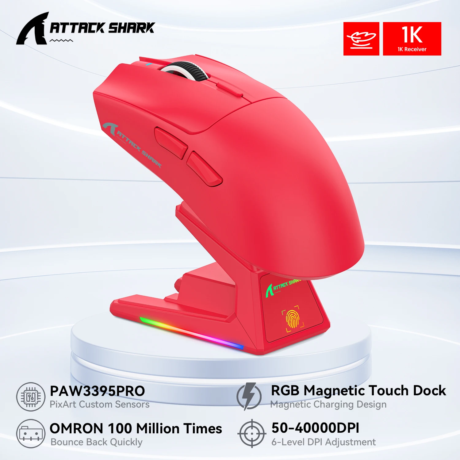 

Беспроводная мышь X1 ATTACK SHARK с магнитной сенсорной зарядной док-станцией RGB, игровым датчиком PixArt PAW3395 Pro 1 кГц, 40000 точек на дюйм для ПК/Mac