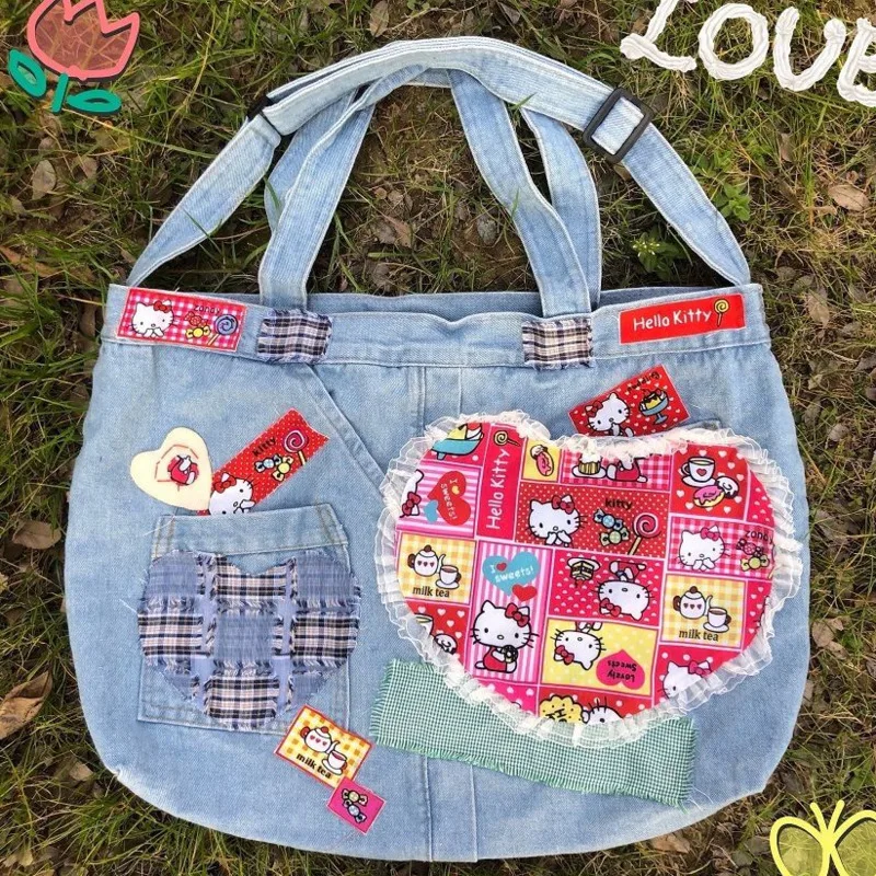 Hello Kitty Y2K Millennium Spicy Girl Denim Bag Splice Fabric Sticker Kawaii Shoulder Bag Korean Version New Trend Crossbody Bag