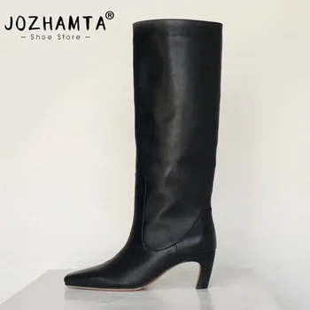JOZHAMTA-botas largas de couro real para mulheres, salto alto de gatinho, bota alta longa, vestido casual, sapatos de outono e inverno, tamanho 34-43, 2022