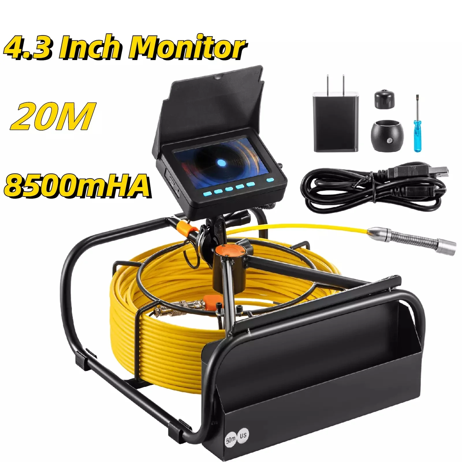 

Sewer Pipe Inspection 4.3in Monitor Camera DVR 16GB Video Recording,Drain Industrial Endoscope IP68 Waterproof 8500MHA Battery