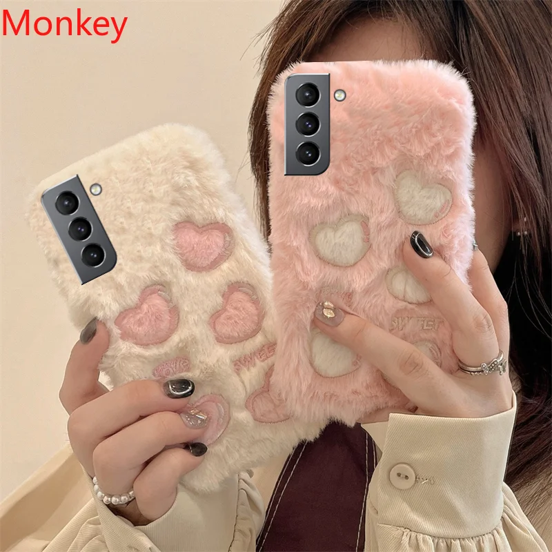 Korean Cute Love Heart Plush Warm Fluffy Phone Case For Samsung Note 20 10 S22 S21 S20 A12 A22 A32 A52S A72 A51 Furry Soft Cover