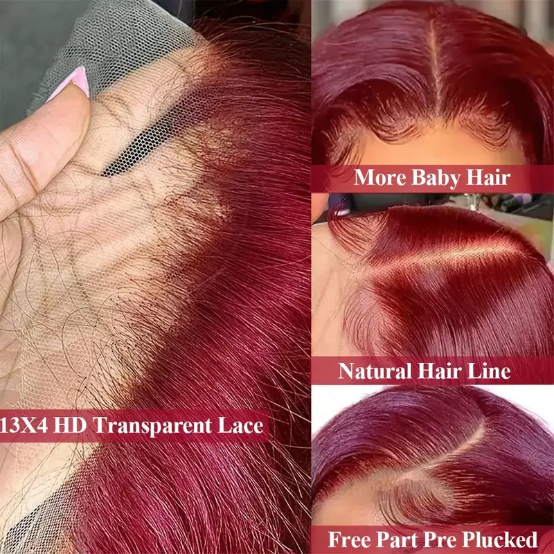 13x4 99J Burgundy Lace Front Wigs 200%Density  Brazilian Straight Bob Wig Human Hair 100% Transparent Lace Front Short Wig