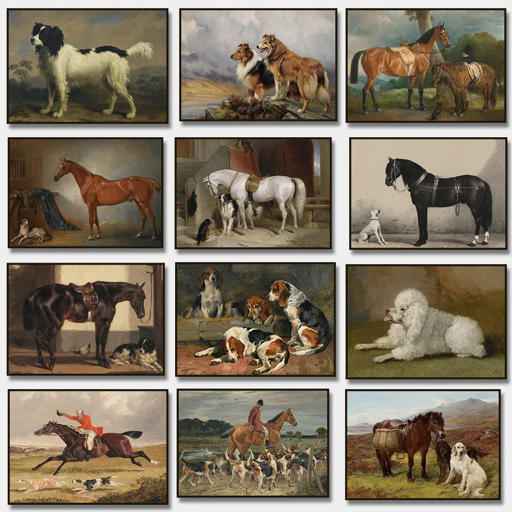 Vintage Hunde Leinwandbild Antikes Reitsport-Pferd Tiermotiv Rustikales Poster Druck Wandkunst Bauernhaus Heimdekoration
