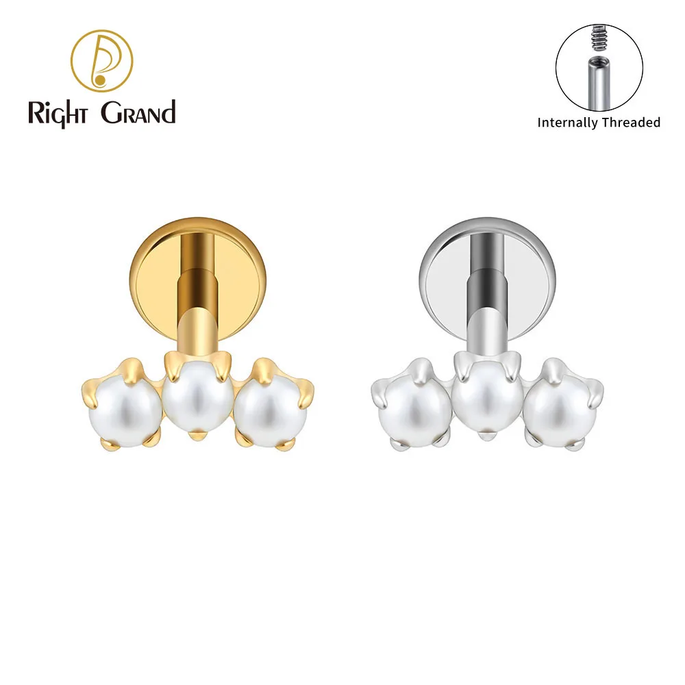Right Grand Joia de Piercing Labret em Titânio ASTM F136 (16G) — Brinco de Pino com Três Pérolas, Rosca Interna — Para Cartilagem, Tragus, Hélix, Conch e Lábio