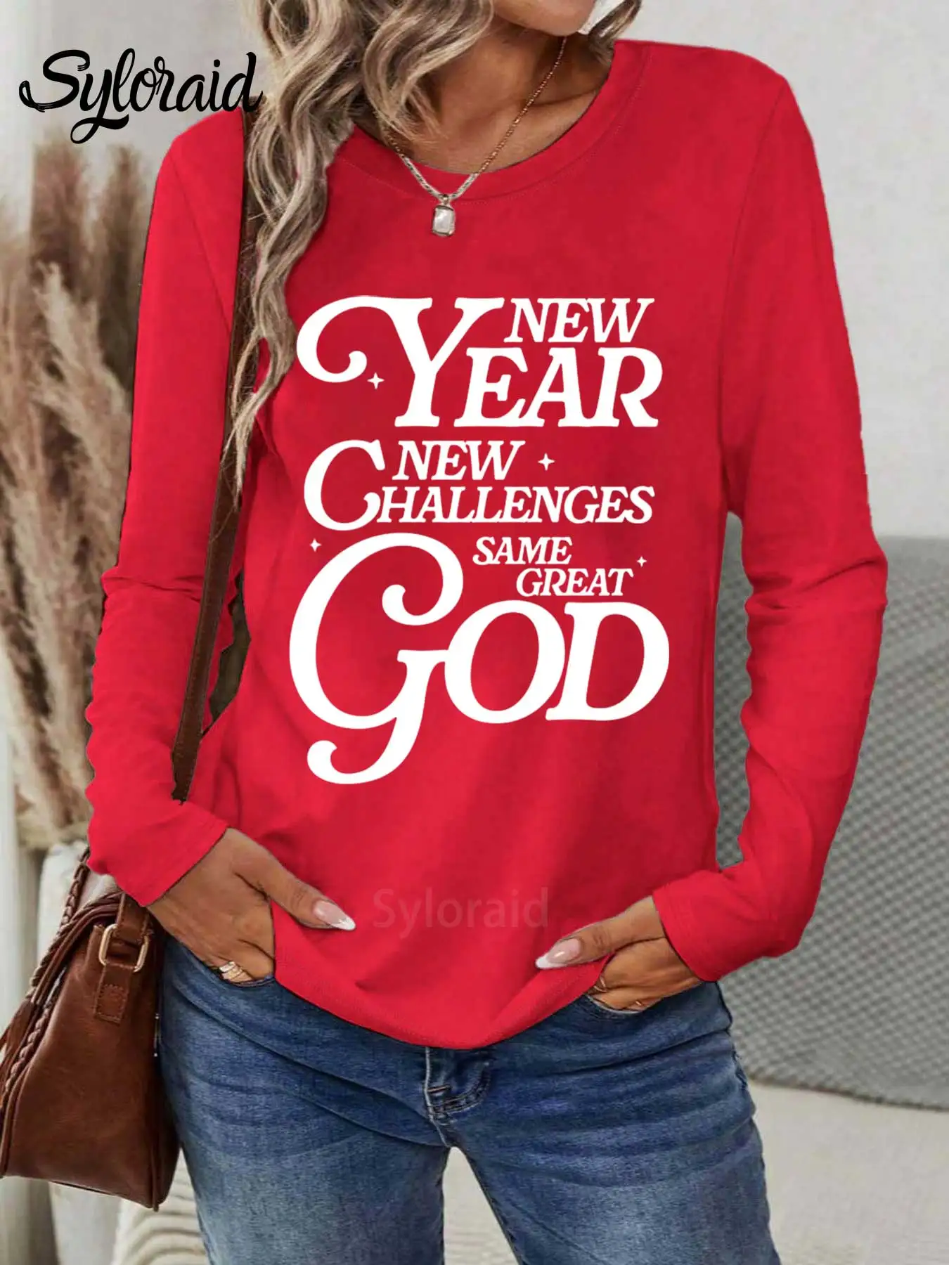 Women's Long Sleeve T Shirt "New Year New Challenges" Christian Print T Shirt Fashion Round Neck Casual Top