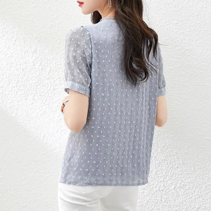 Korean Fashion Summer New Women's V-Neck Solid Color Lace Patchwork Double Breasted Temperament Loose Short Sleeve Shirts Tops