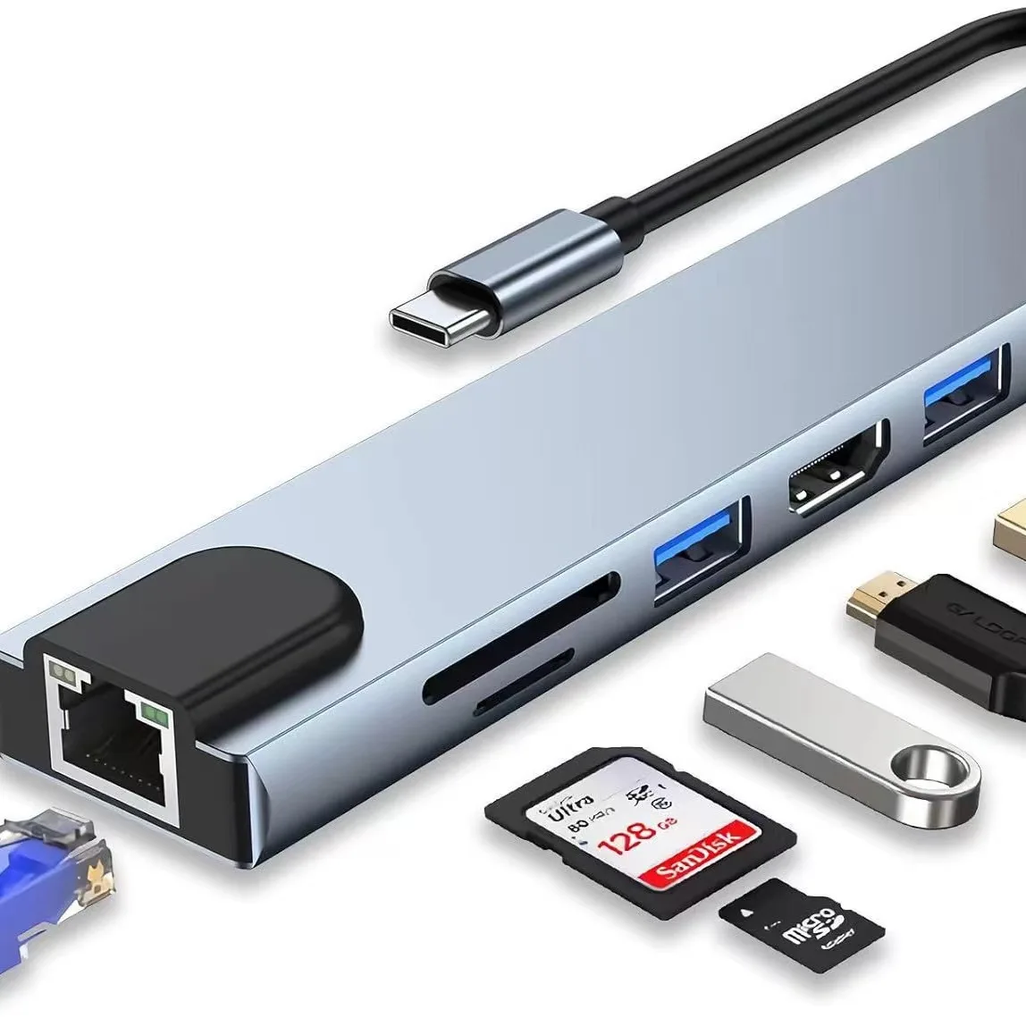 8 in 1 TYPE-C HUB PC Tablet Phone Laptop TO HDMI RJ45 USB 3.0 SD TF Card Reader PD 100W Charger Adapter Cable Docking Station