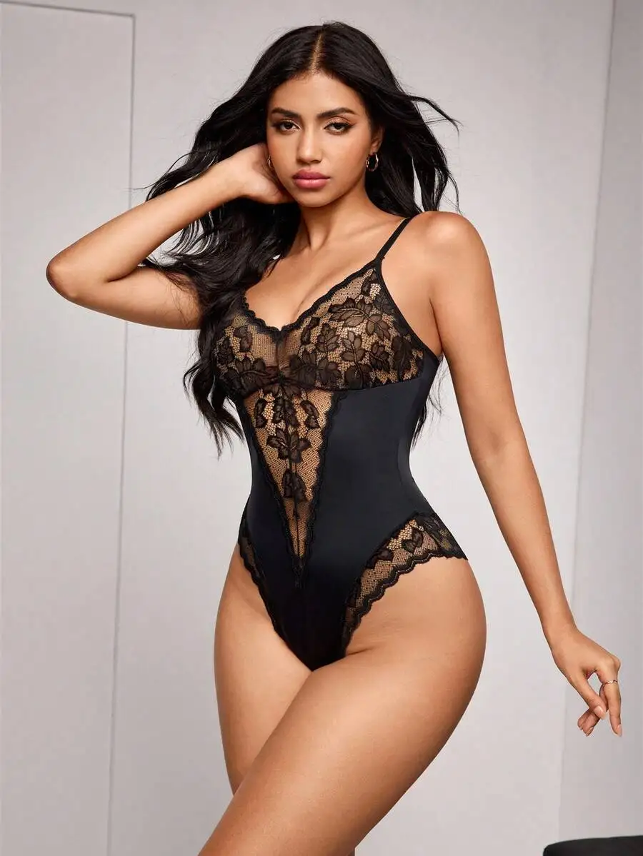 

Black Floral Lace Sheer Backless Wireless Bodysuit for Women