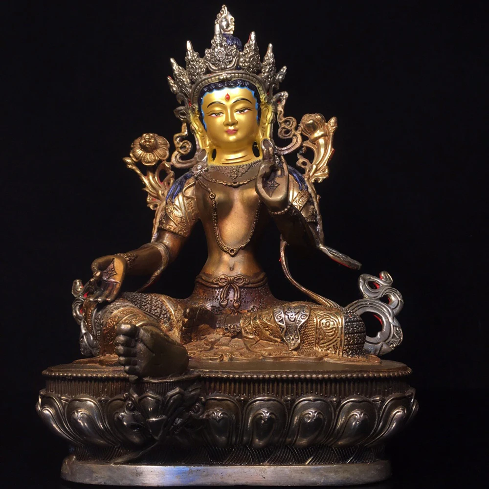 Gilt Copper Green Tara Statue Serene Face Old Patina Fine Craftsmanship