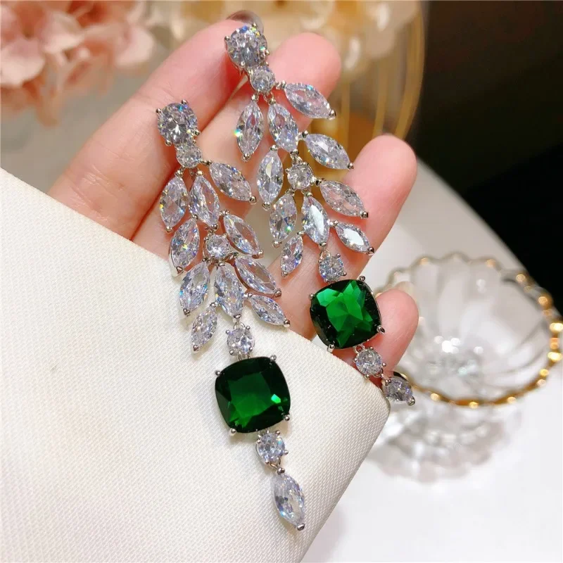 Shining U Luxury Leaves Green Zircon Gems Drop Earrings for Women Fashion Jewelry Banquet