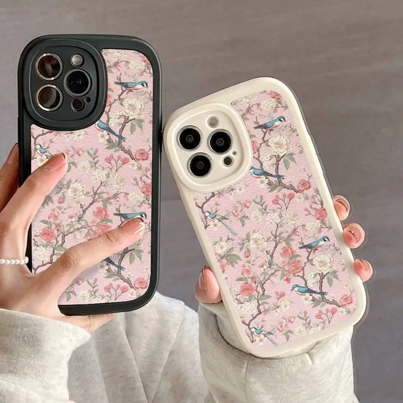 Pink Chinoiserie Birds Phone Case For IPhone 11 12 13 14 15 Plus Pro Max PU Leather Silicon Soft Cover