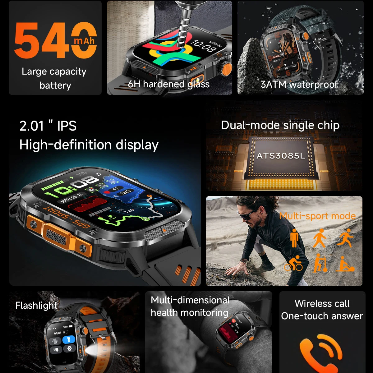 

Новые мужские умные часы с GPS, альтиметром, защитой от воды IP68, 100+ спортивных режимов, Bluetooth-вызовы, 2.01-дюймовый AMOLED-экран, HT36, умные часы для активного отдыха