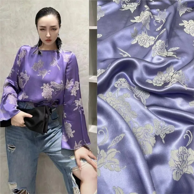 Camisa de crepé de seda pura con flores moradas, tela para vestido, abrigo para mujer, chaleco, ropa para primavera y otoño