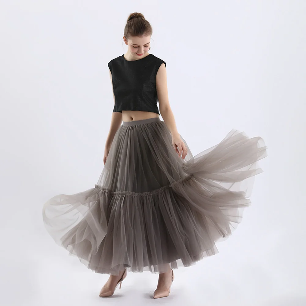 Qooth Women 90cm Party Tulle Ball Gown Mesh Skirt Banquet Wedding Faldas Mujer Elastic Waist Bow Tie Belt Tutu Skirt QT2181