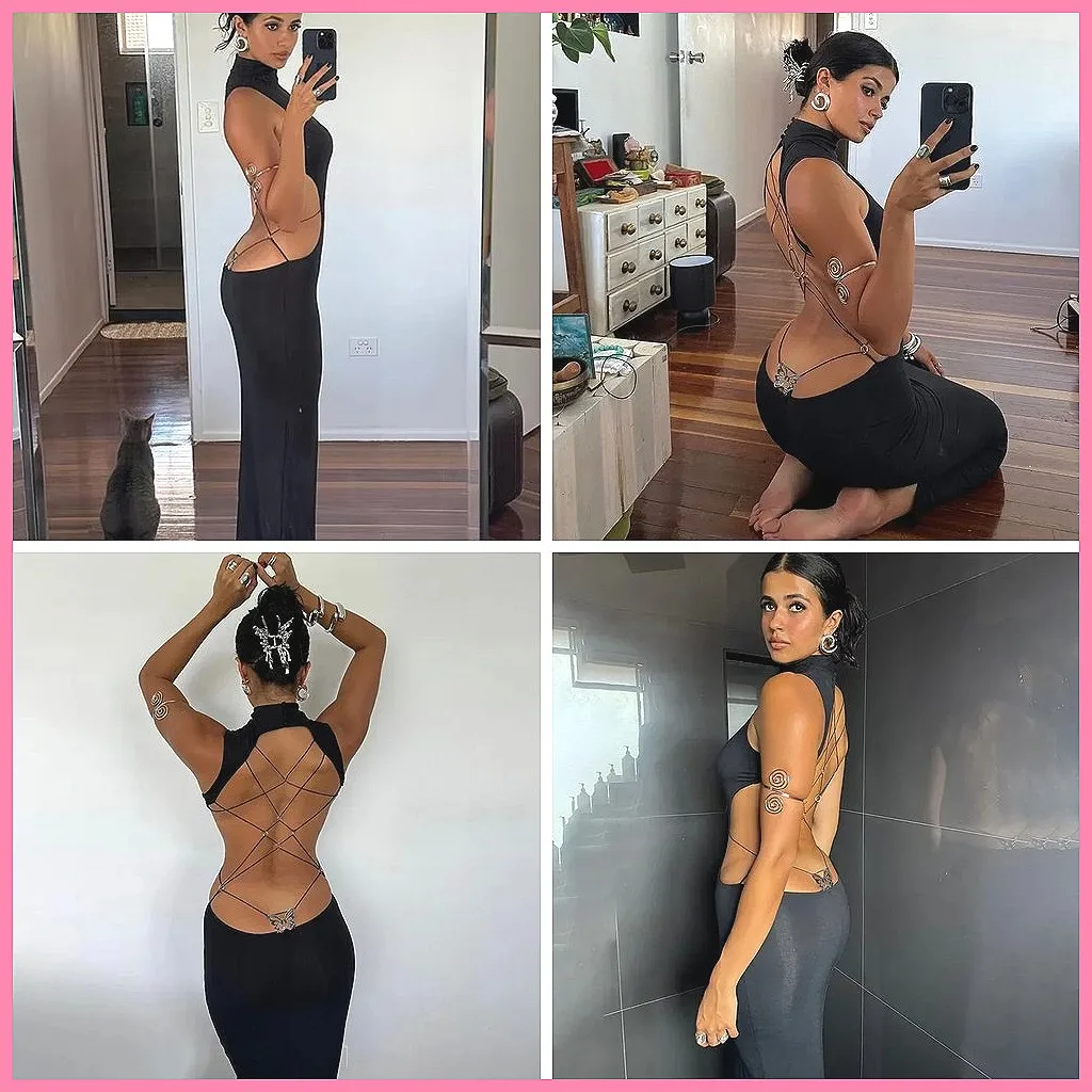 

Sexy Black Bodycon Maxi Dress with Cutout & Strappy Back, Sleeveless High Neck Evening Gown for Women