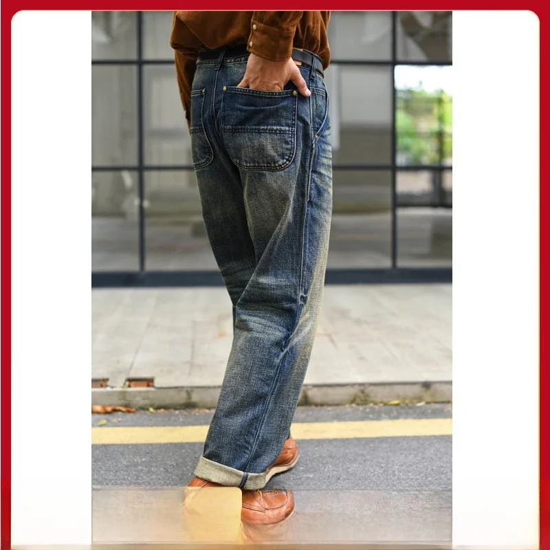 

Loose Straight Leg Men's Jeans Waed Denim Workwear Ameika Sle Vintage Casual Cotton mid Waist Button Closure Autumn